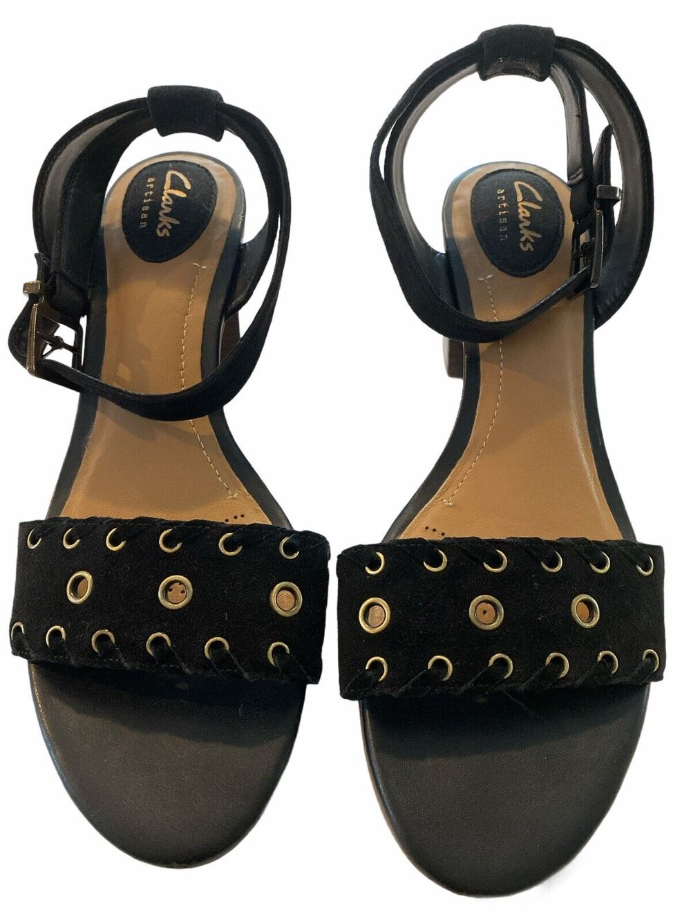 Clarks Artisan Black Grommet Women’s Size 8.M Ankle Wrap Strap Block Heel Sandal